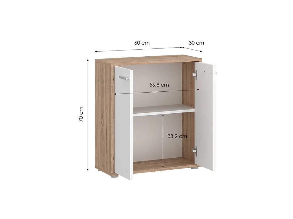 Commode Komi 2D 60x70x30cm - 2 portes 1 étagère - entrée salon - chêne sonoma/blanc