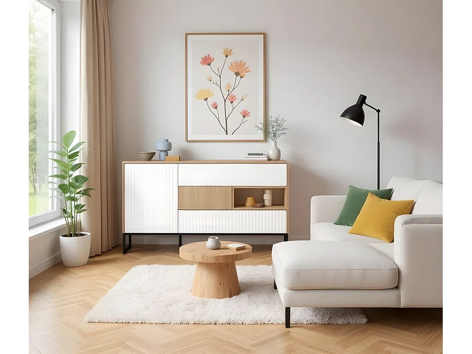 Dressoir Hati 148x88x40cm - 1 deur 3 lades - voor woon- en eetkamer - visgraat scandi/wit