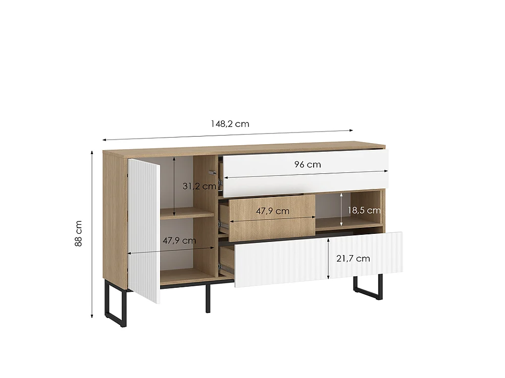 Dressoir Hati 148x88x40cm - 1 deur 3 lades - voor woon- en eetkamer - visgraat scandi/wit