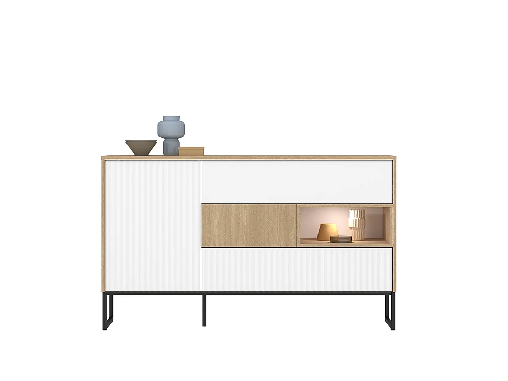 Dressoir Hati 148x88x40cm - 1 deur 3 lades - voor woon- en eetkamer - visgraat scandi/wit