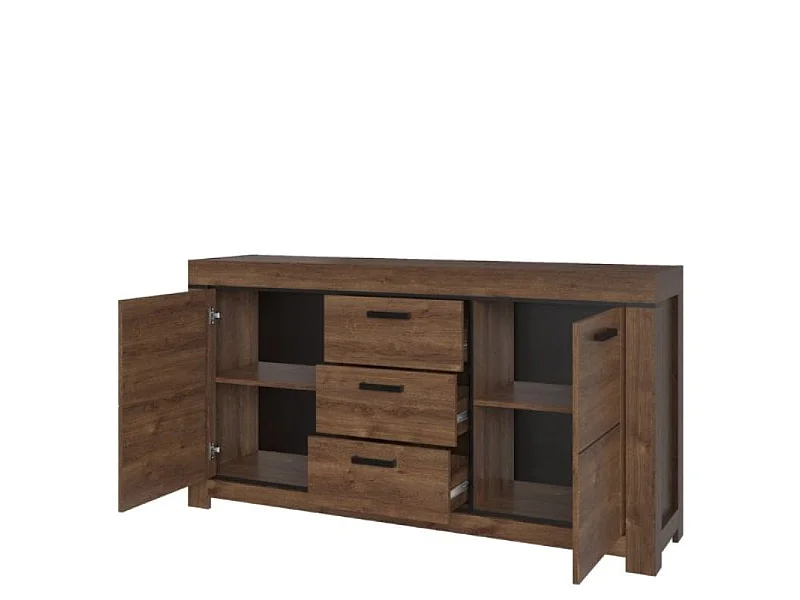 Commode Brass 160x84,5x40cm - 3 tiroirs 2 portes - pour salon - chêne brun