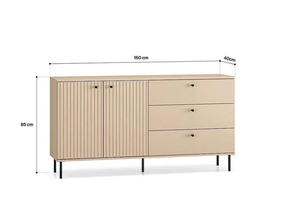 Commode cannelée Grase 160x85x40cm - 2 portes 3 tiroirs - salon chambre - beige