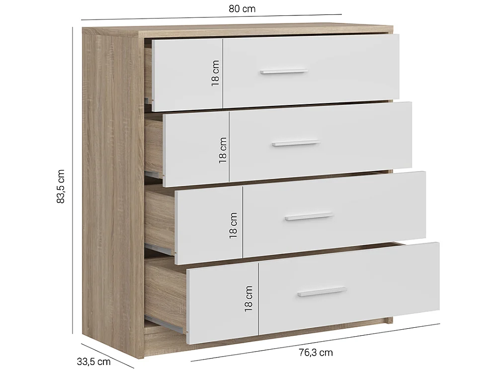 Commode Nubo 80x84x34cm - 4 tiroirs - pour salon et chambre - chêne sonoma/blanc
