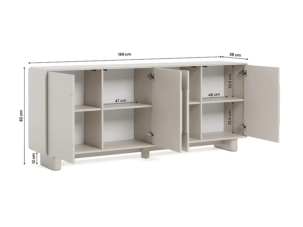 Commode Aura 4 portes 199x82x38cm - large meuble de rangement pour salon - cachemire