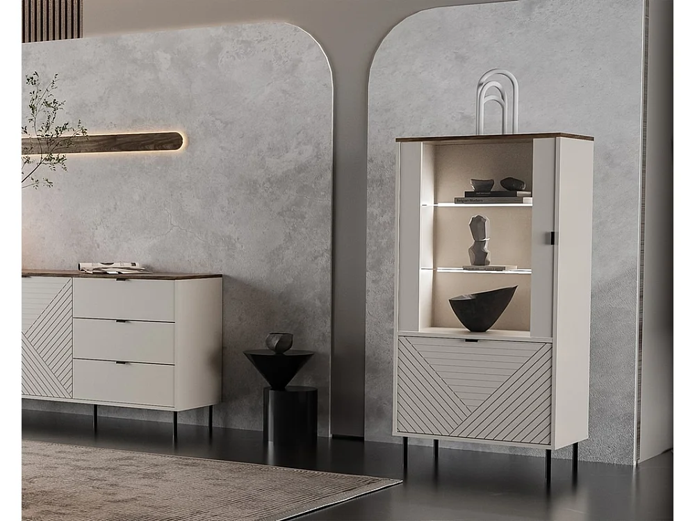 Vitrine basse Evo 68x135x40cm - 2 portes 4 étagères - salon - cachemire/chêne castello