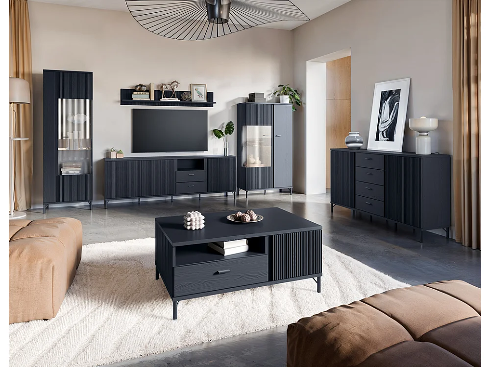 Commode Duna 200x87x40 - 3 portes 4 tiroirs - pour salon et salle à manger - graphite noir