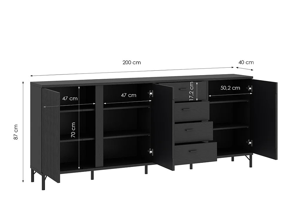 Commode Duna 200x87x40 - 3 portes 4 tiroirs - pour salon et salle à manger - graphite noir