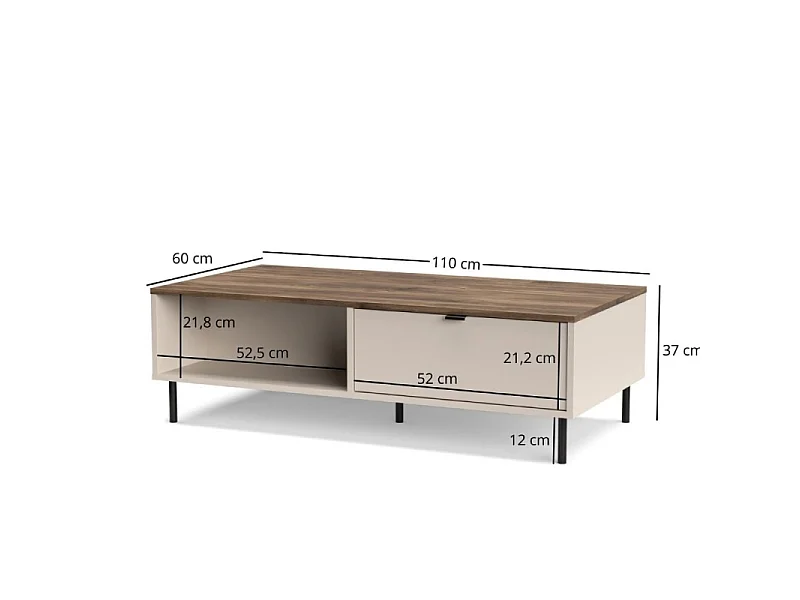 Ława Evo 110x37x60cm - stolik kawowy 2 szuflady 2 półki - salon - kaszmir/dąb castello