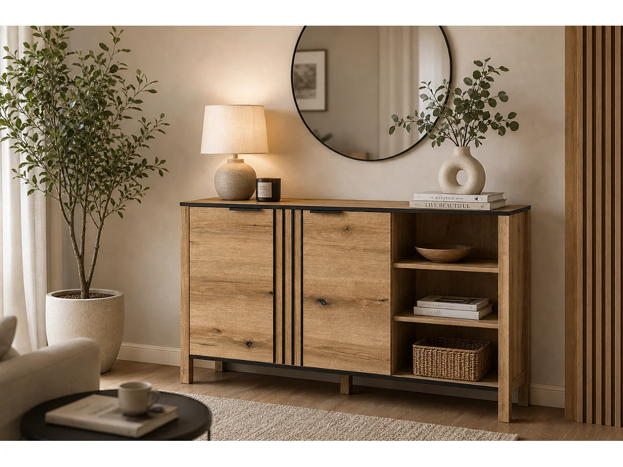 Commode Helix 138x88x40,5cm - 2 portes étagère - salon salle à manger - chêne evoke