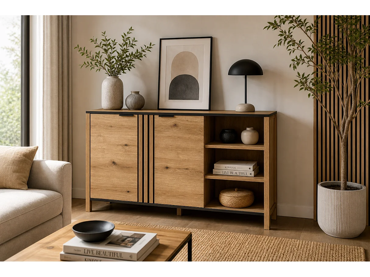 Commode Helix 138x88x40,5cm - 2 portes étagère - salon salle à manger - chêne evoke