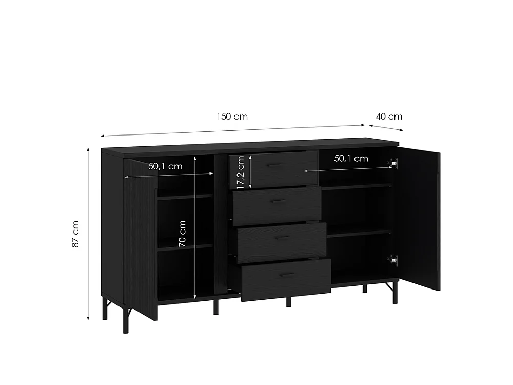 Commode Duna 150x87x40cm - 2 portes 4 tiroirs - salon et salle à manger - graphite noir