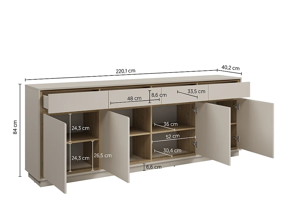 Commode Cosme 220x84x40cm - meuble pour salon et chambre - cachemire/chêne huilé