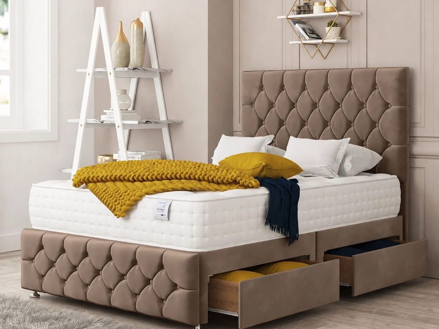Regency Upholstered Divan Bed With  4 drawers, Mattress & 26" Headboard (Taupe) - 135 x 200 cm