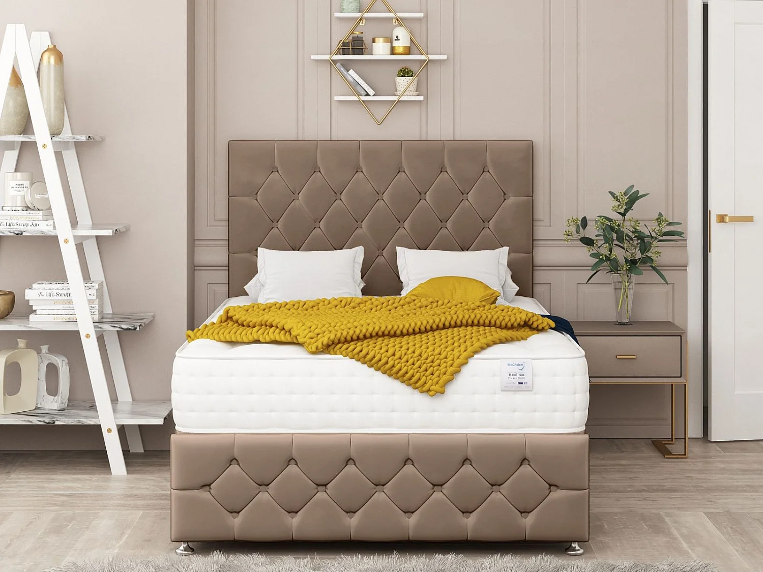 Regency Upholstered Divan Bed With  4 drawers, Mattress & 26" Headboard (Taupe) - 135 x 200 cm