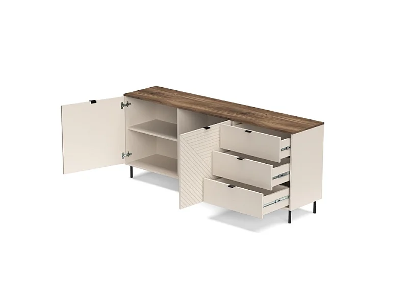 Commode Evo 183x75x40cm - 3 tiroirs 2 portes 4 étagères - salon - cachemire/chêne castello