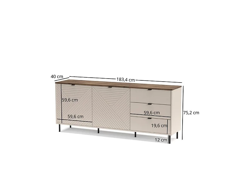 Commode Evo 183x75x40cm - 3 tiroirs 2 portes 4 étagères - salon - cachemire/chêne castello