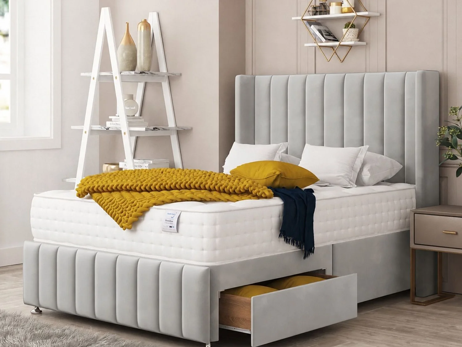 Brisbane Upholstered Divan Bed 2 drawers, Mattress & 54" Headboard (Silver) - 90 x 190 cm