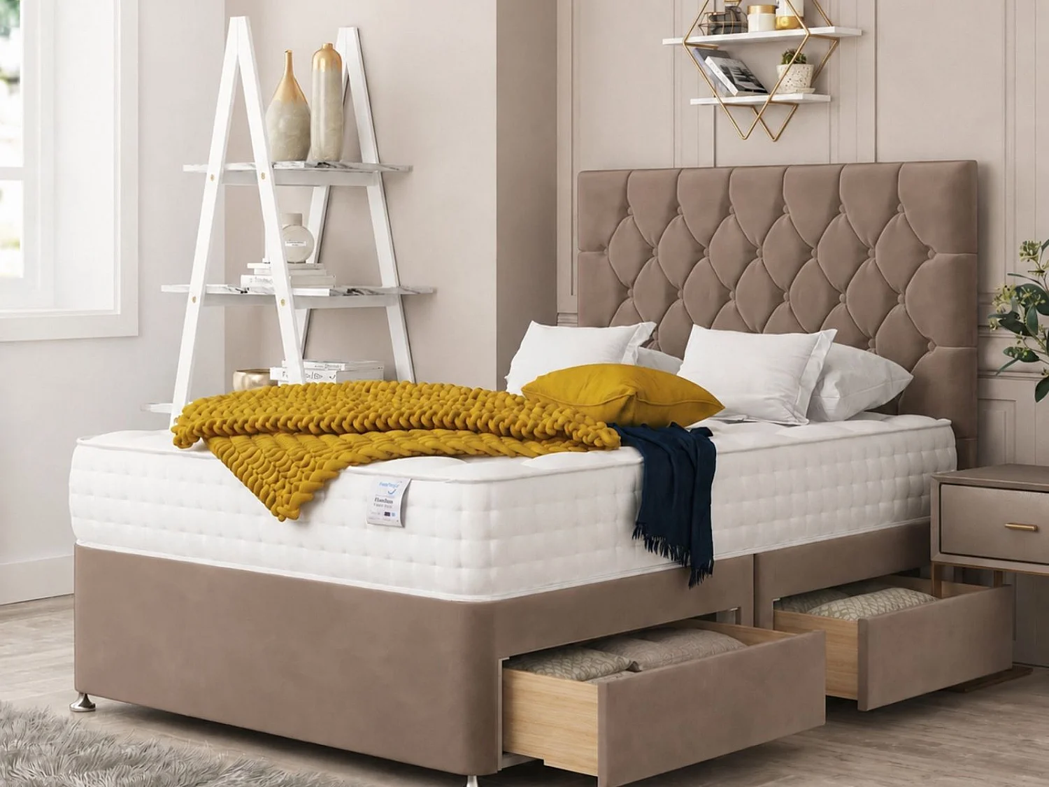 Windsor Upholstered Divan Bed With 2 drawers & 26" Headboard (Taupe) - 135 x 200 cm
