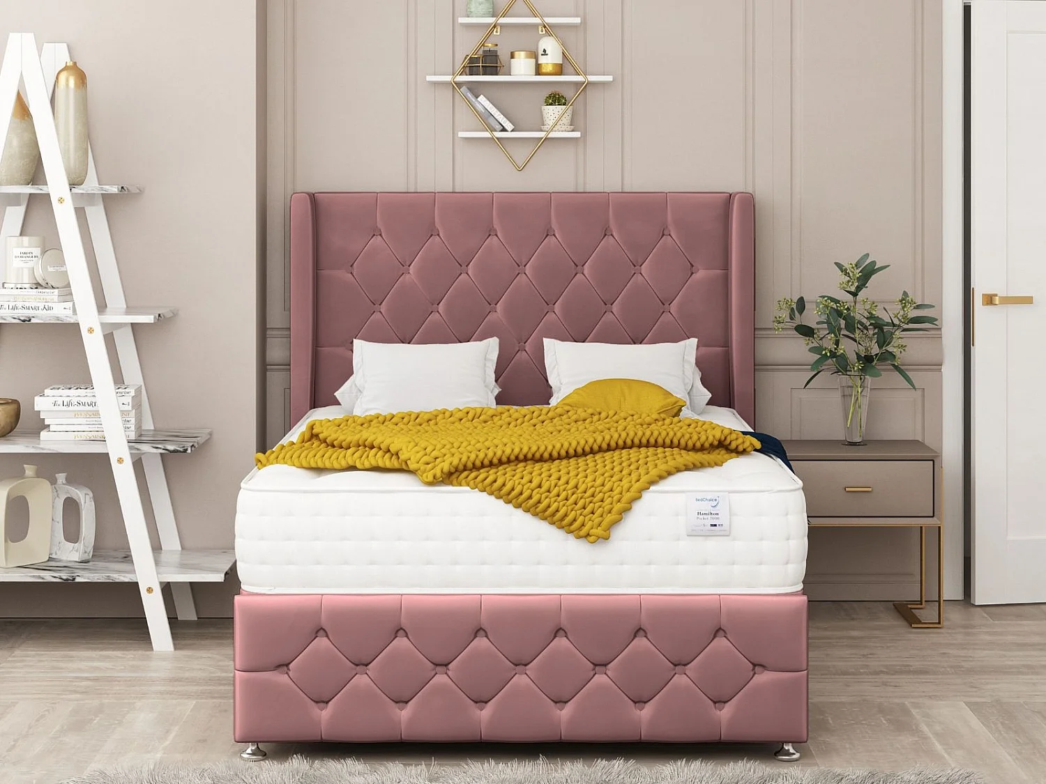 Elena Upholstered Divan Bed With 2 drawers, Mattress & 26" Headboard (Pink) - 135 x 190 cm