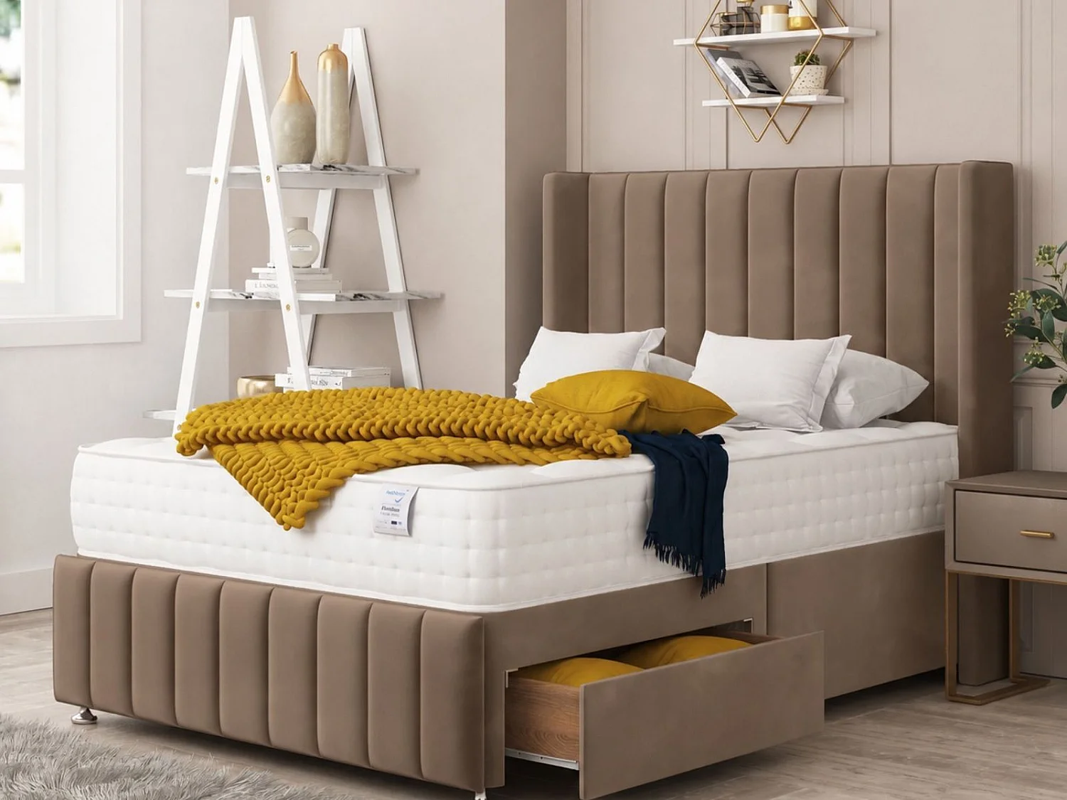 Brisbane Upholstered Divan Bed 2 drawers, Mattress & 54" Headboard (Brown) - 120 x 190 cm