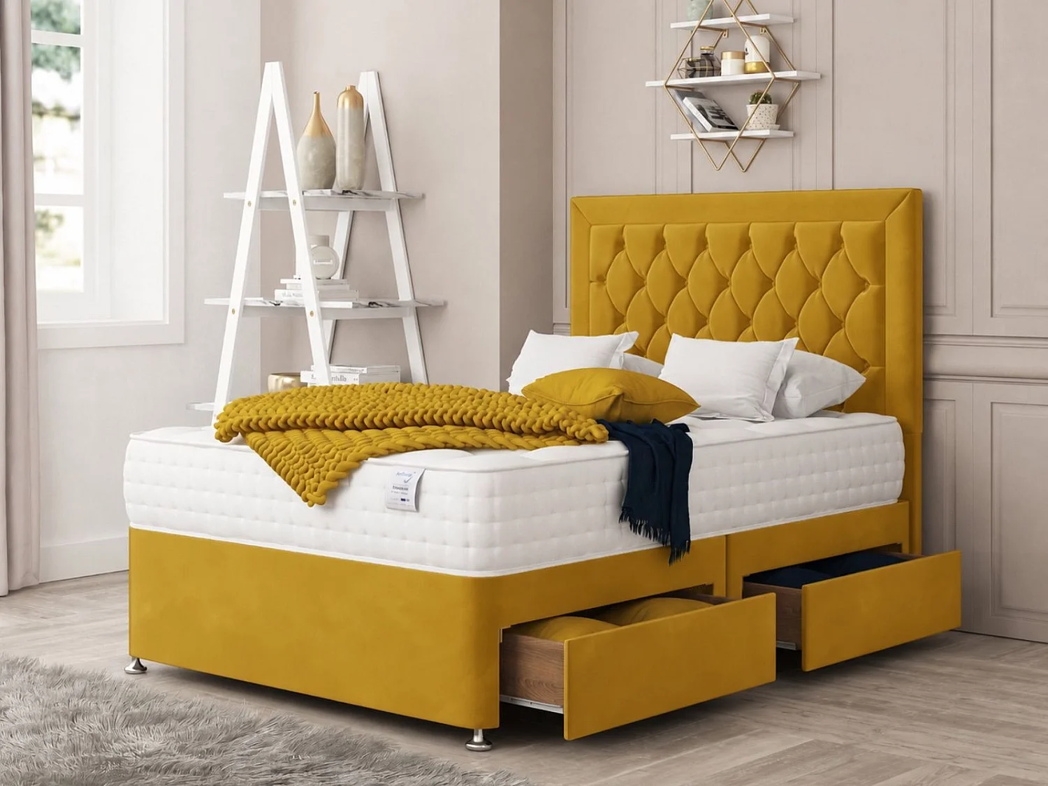 Montana Upholstered Divan Bed With  4 drawers, Mattress & 26" Headboard (Mustard) - 120 x 190 cm
