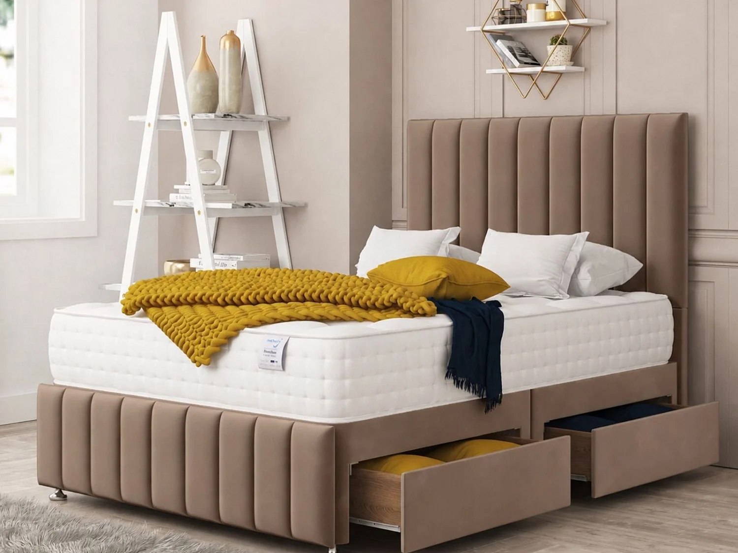 Moscow Divan Bed 4 drawers, Mattress & 54" Floor Standing Headboard (Brown) - 135 x 200 cm