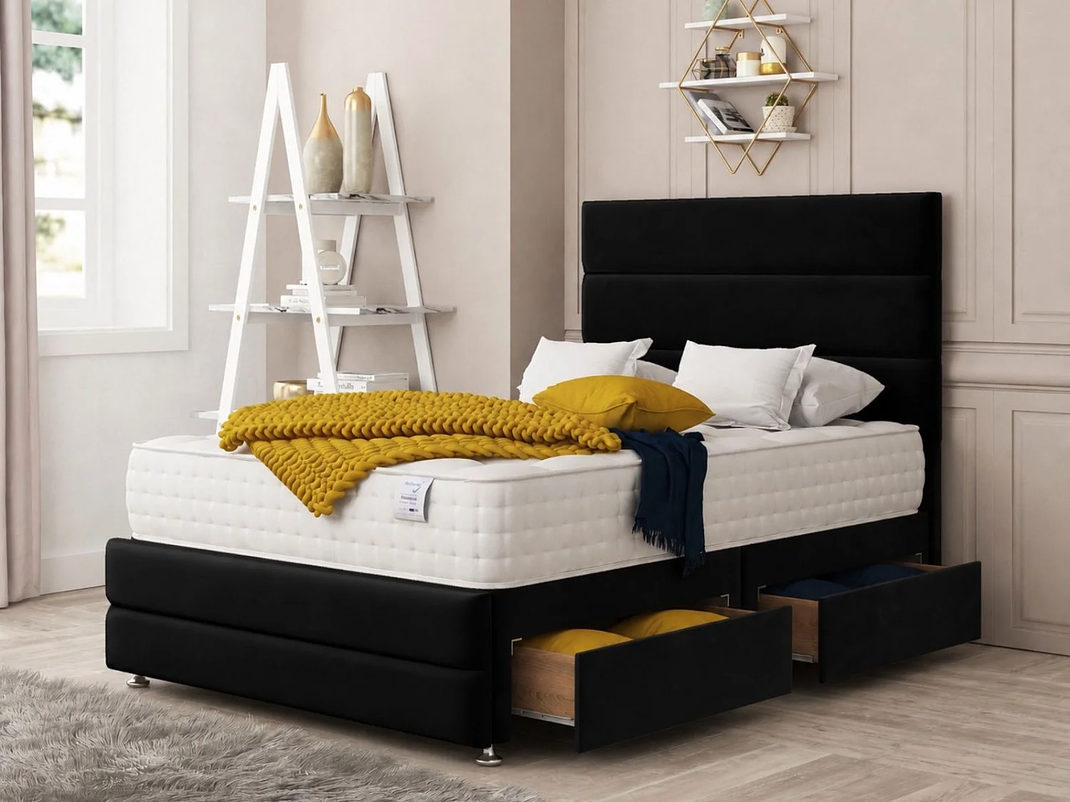 Valencia Upholstered Divan Bed With  4 drawers, Mattress & 26" Headboard (Black) - 135 x 200 cm