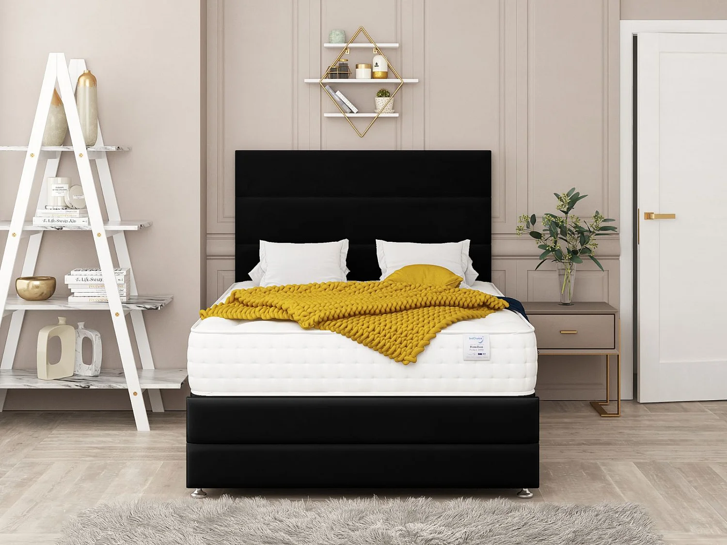 Valencia Upholstered Divan Bed With  4 drawers, Mattress & 26" Headboard (Black) - 135 x 200 cm