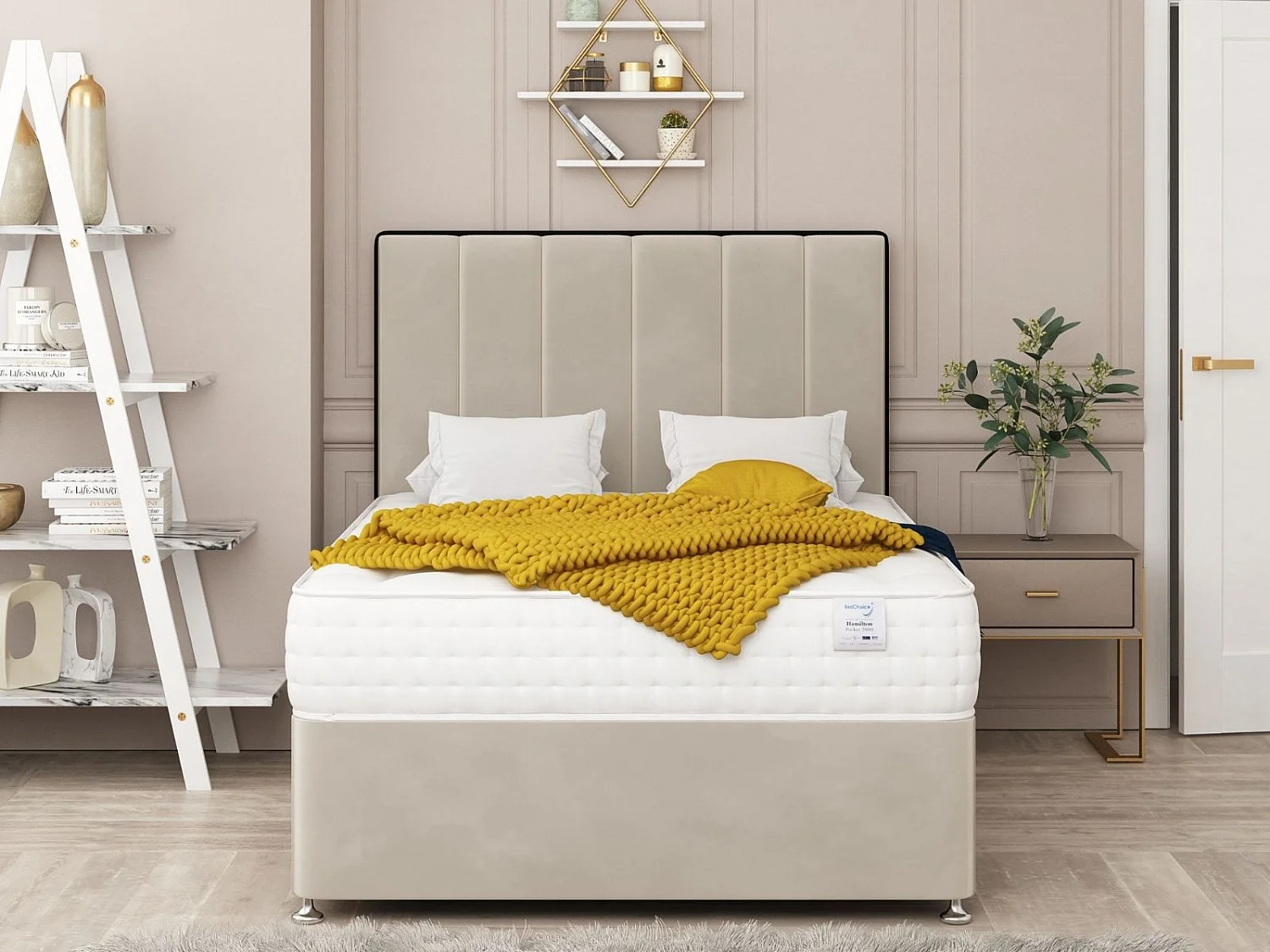 Herringbone Upholstered Divan Bed With 2 drawers, Mattress & 26" Headboard (Cream) - 180 x 200 cm