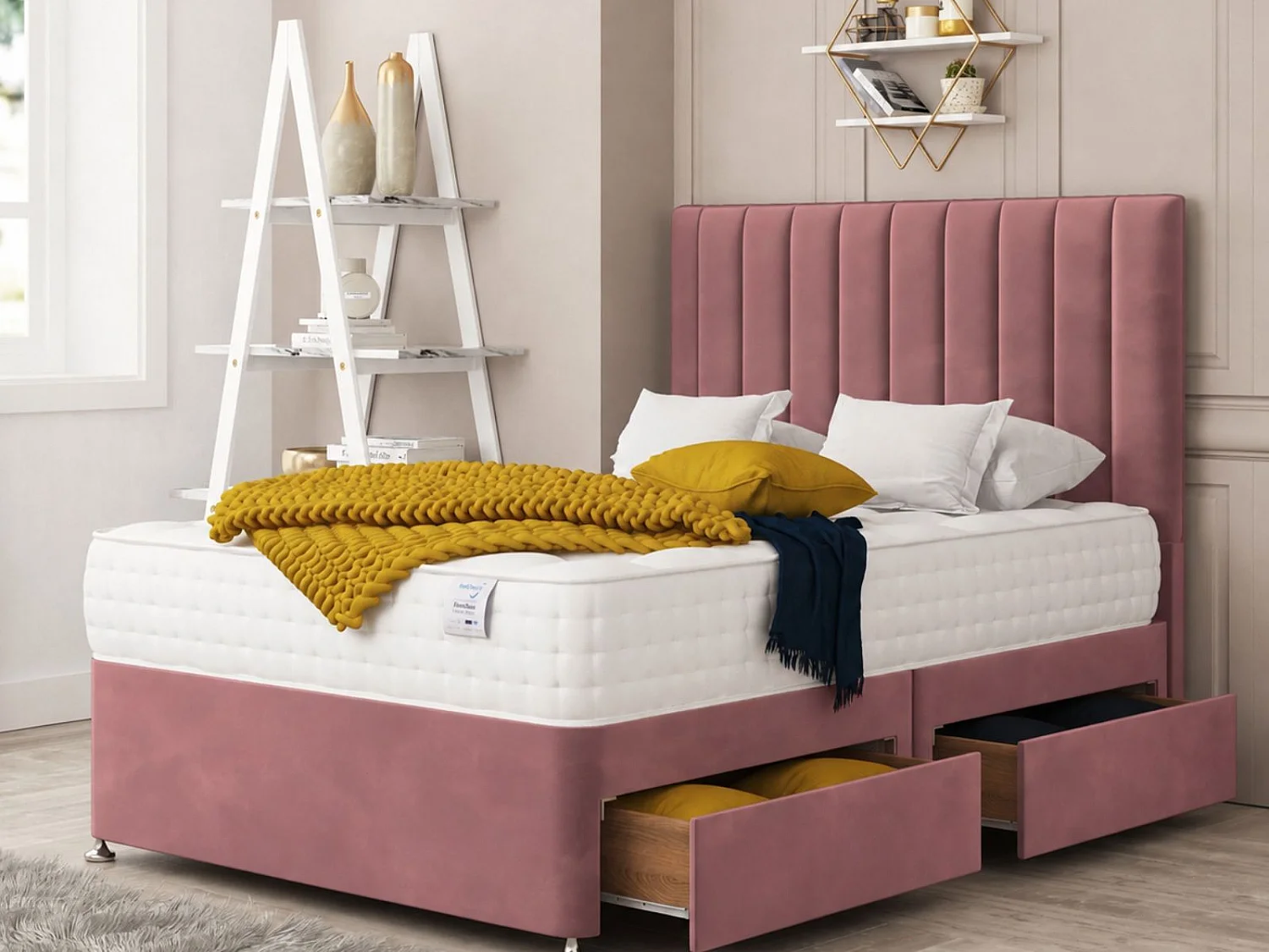 Brisbane Upholstered Divan Bed 2 drawers, Mattress & 54" Headboard (Pink) - 135 x 200 cm