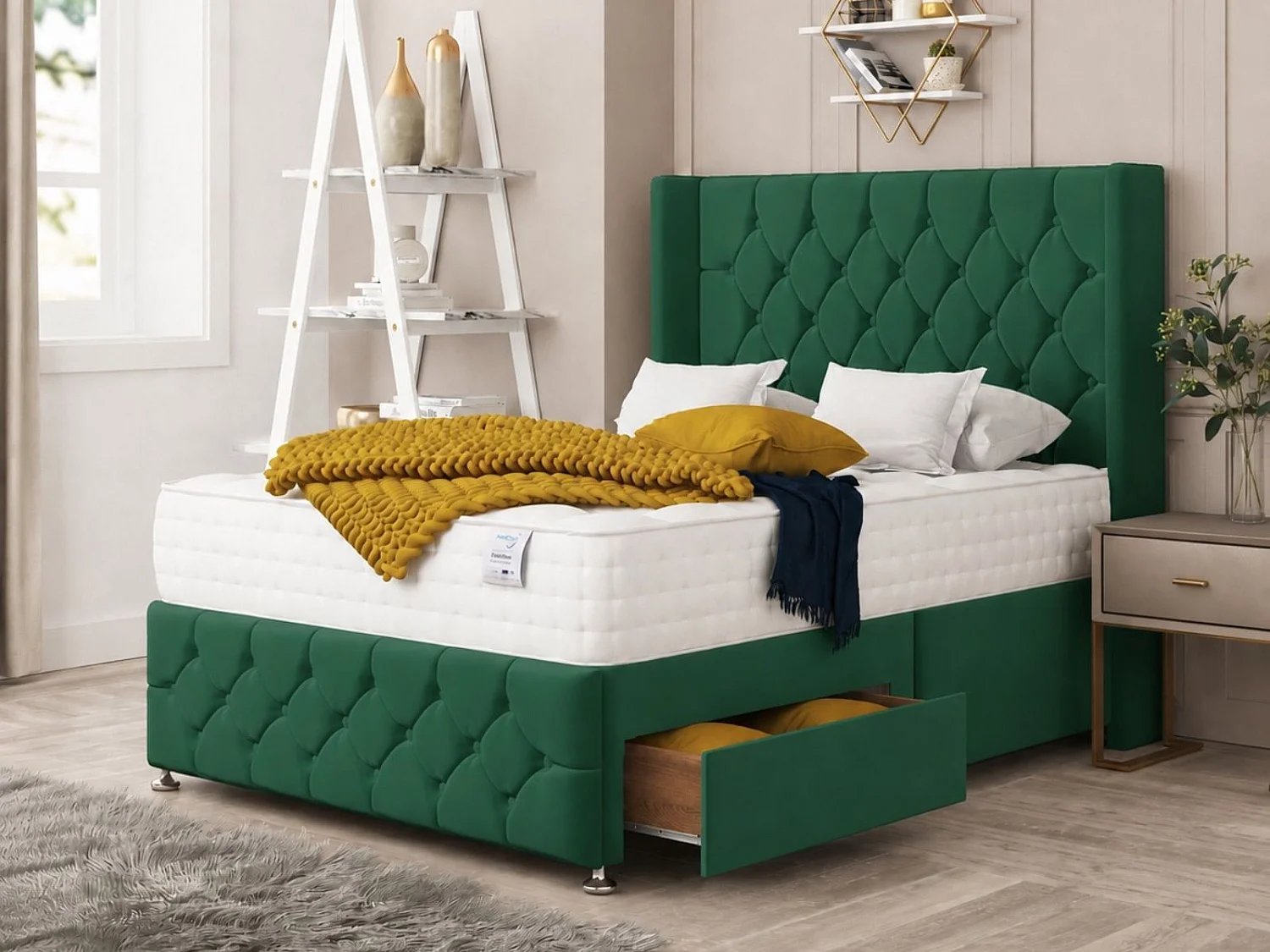 Elena Upholstered Divan Bed With 2 drawers, Mattress & 26" Headboard (Green) - 180 x 200 cm