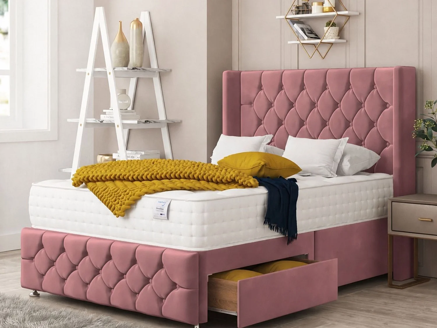 Elena Upholstered Divan Bed With 2 drawers, Mattress & 26" Headboard (Pink) - 120 x 190 cm