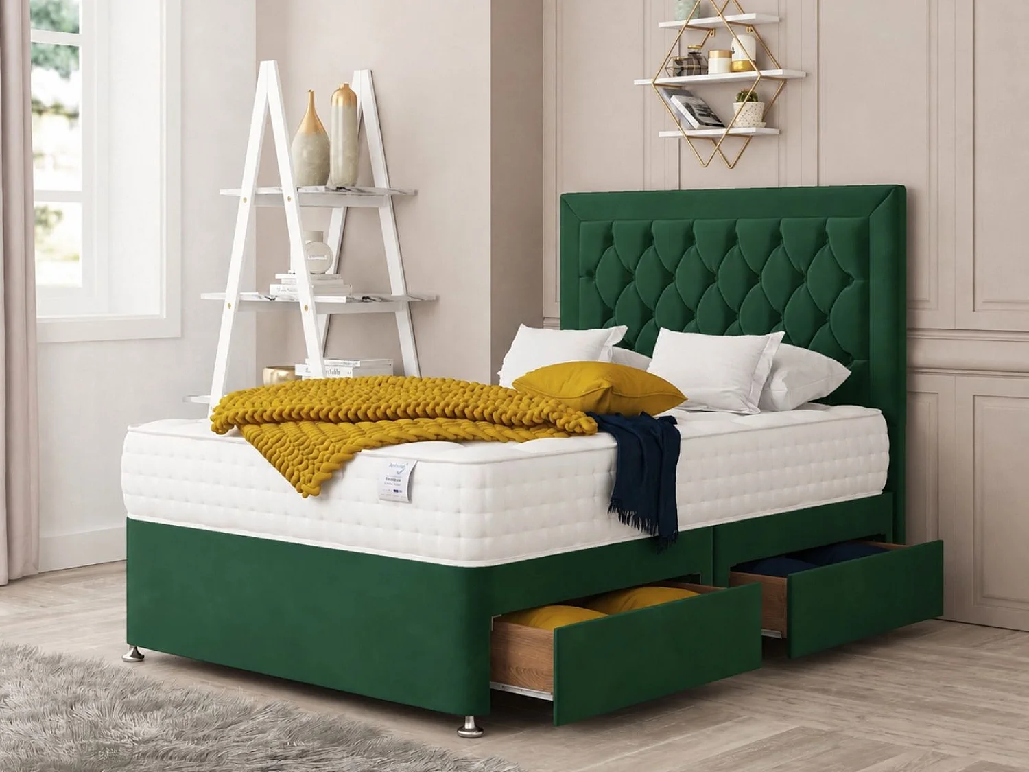 Montana Upholstered Divan Bed With 2 drawers & 26"  Headboard (Mattress not included) (Green) - 120 x 190 cm