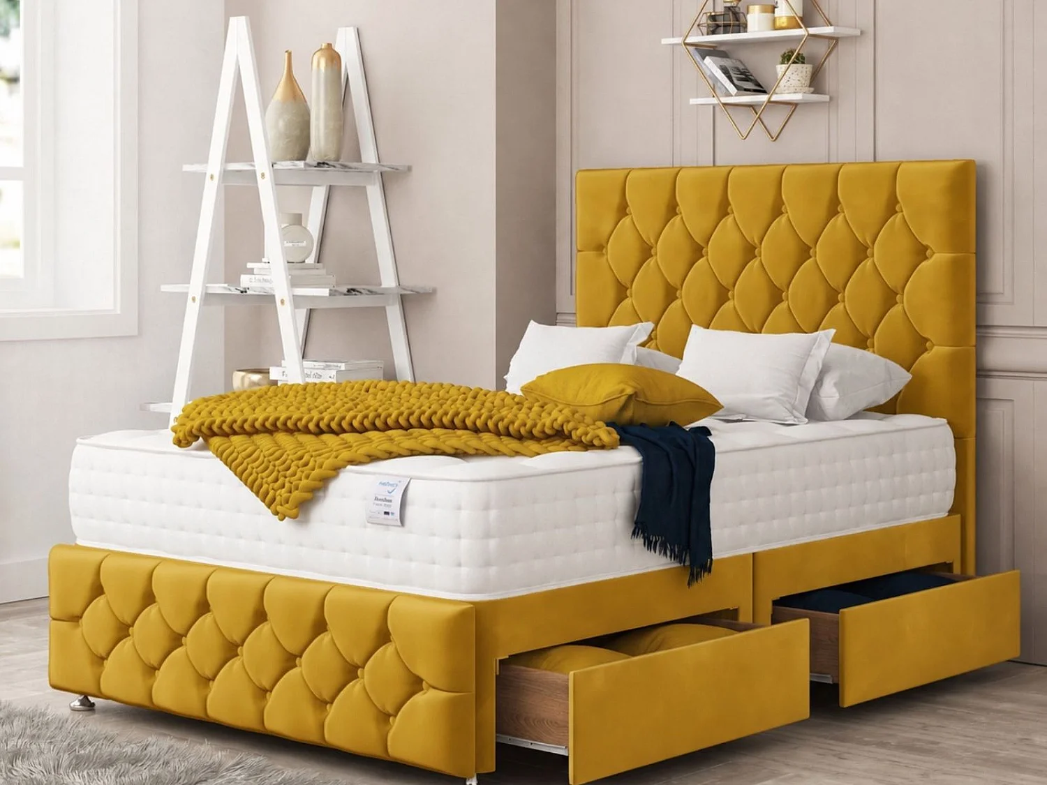 Regency Divan Bed 4 drawers, Mattress & 54" Floor Standing Headboard (Mustard) - 120 x 190 cm