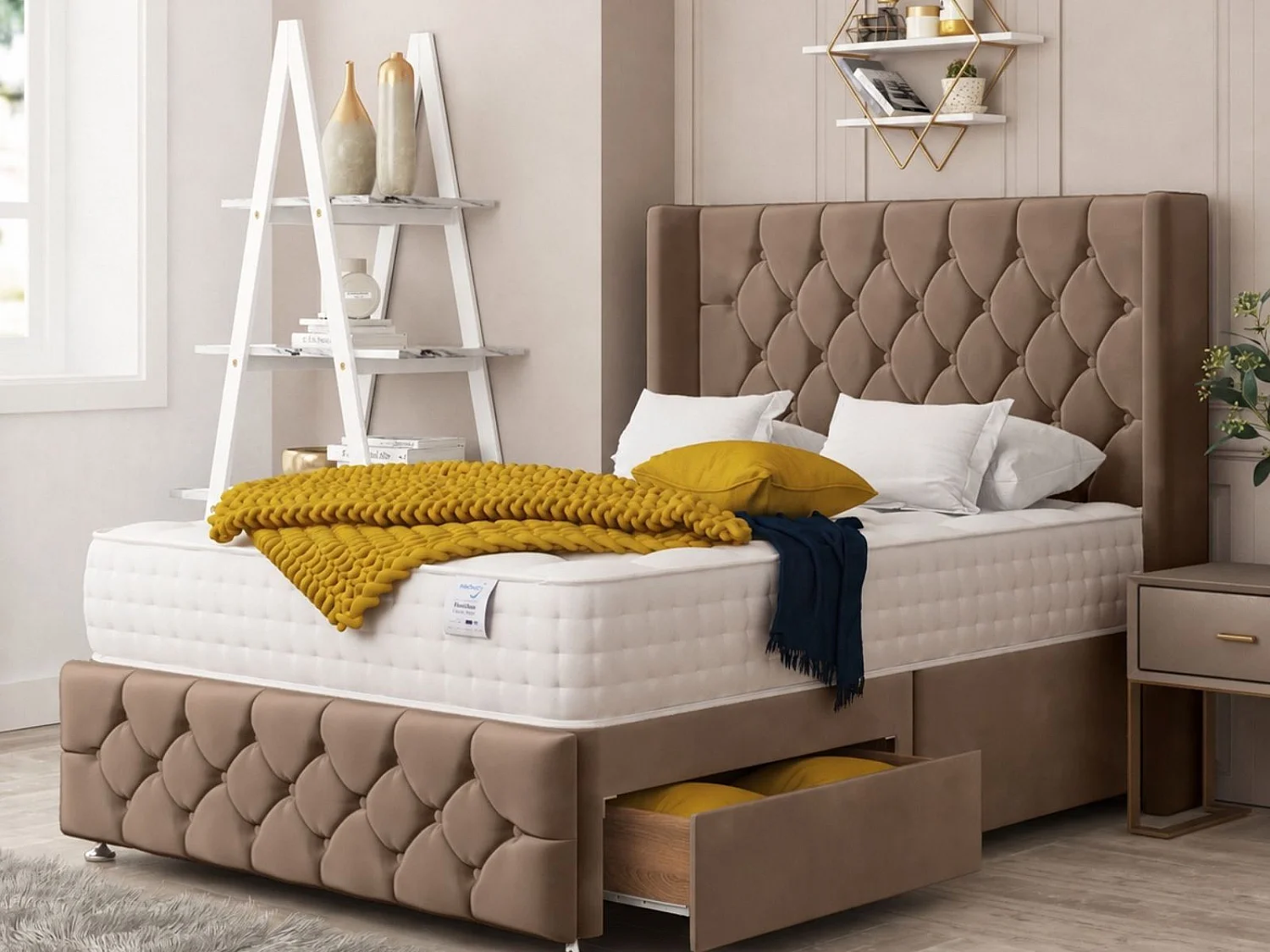 Elena Upholstered Divan Bed With 2 drawers, Mattress & 26" Headboard (Taupe) - 135 x 200 cm
