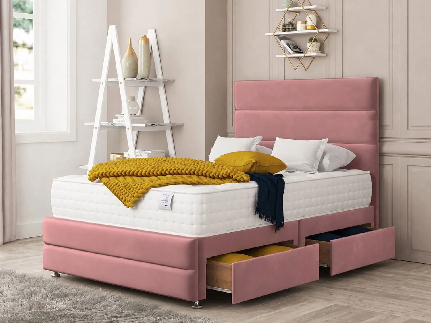Valencia Upholstered Divan Bed With  4 drawers, Mattress & 26" Headboard (Pink) - 135 x 200 cm