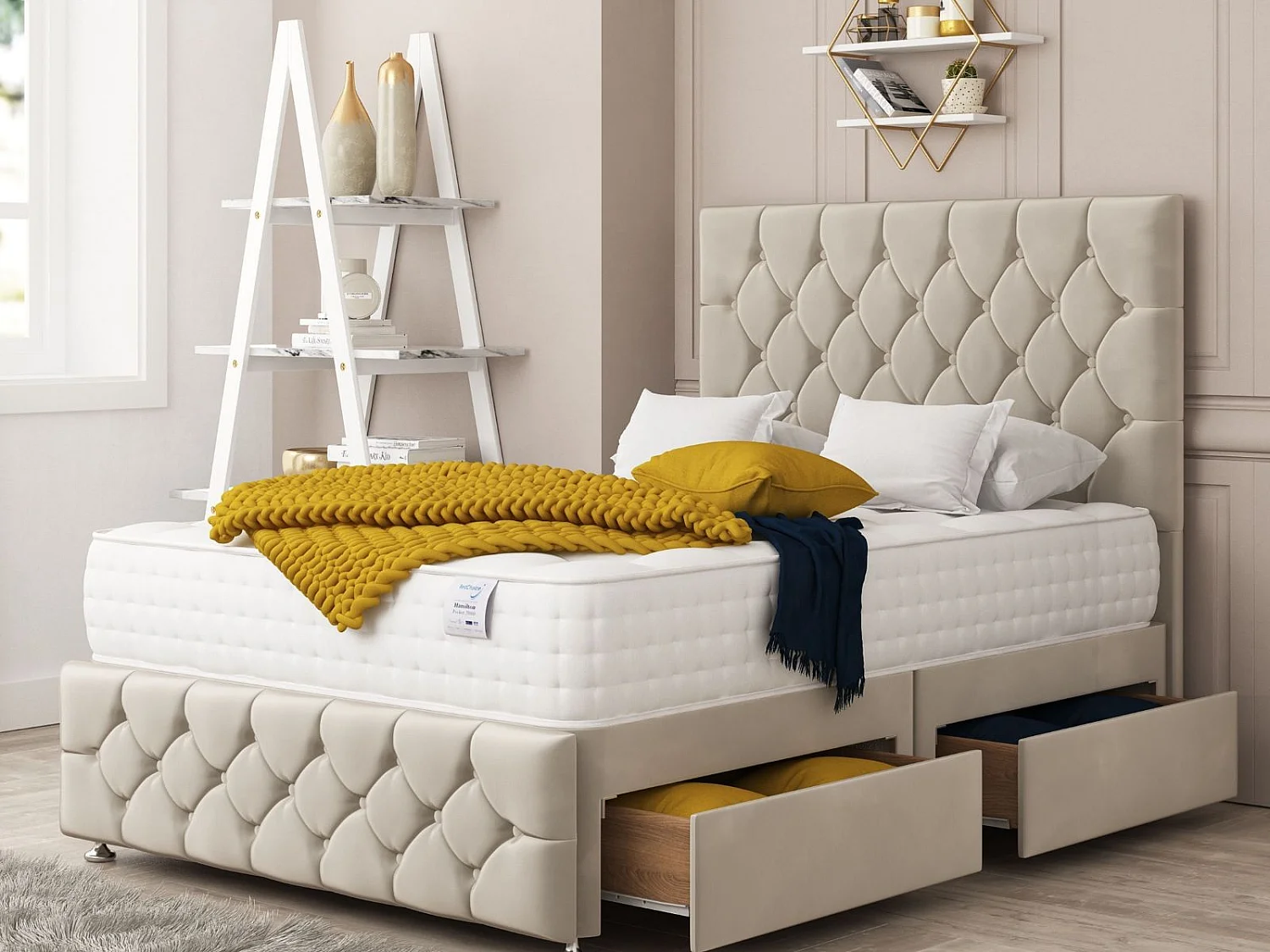 Regency Upholstered Divan Bed With  4 drawers, Mattress & 26" Headboard (Cream) - 120 x 190 cm