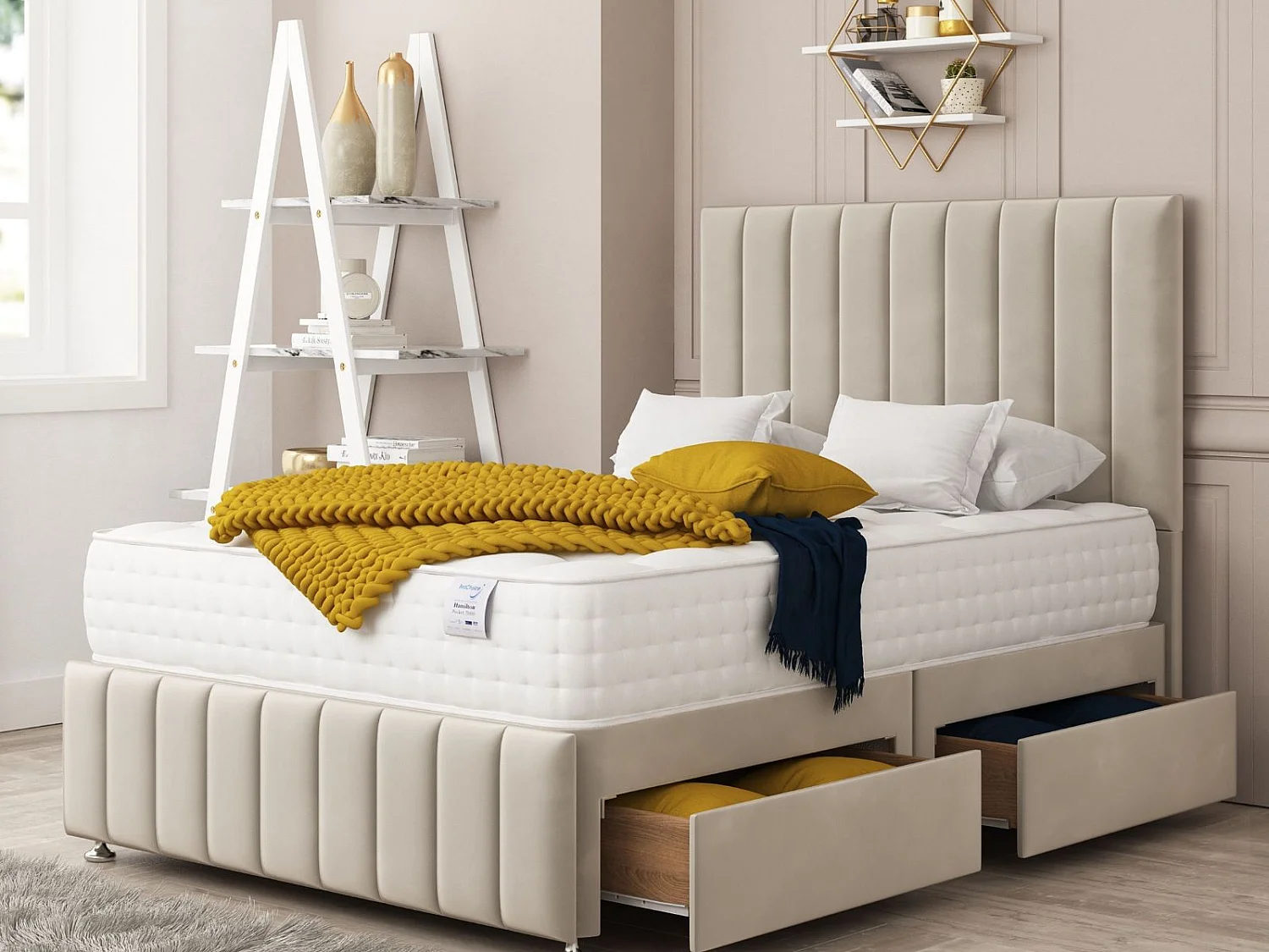 Moscow Divan Bed 4 drawers, Mattress & 54" Floor Standing Headboard (Cream) - 135 x 190 cm