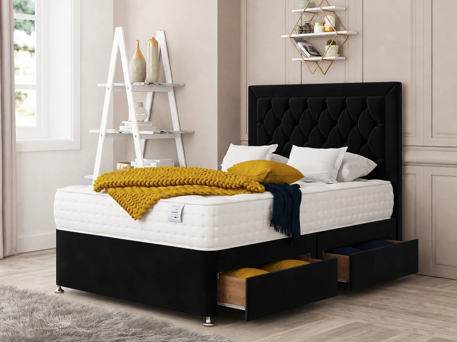 Montana Upholstered Divan Bed With  4 drawers, Mattress & 26" Headboard (Black) - 120 x 190 cm