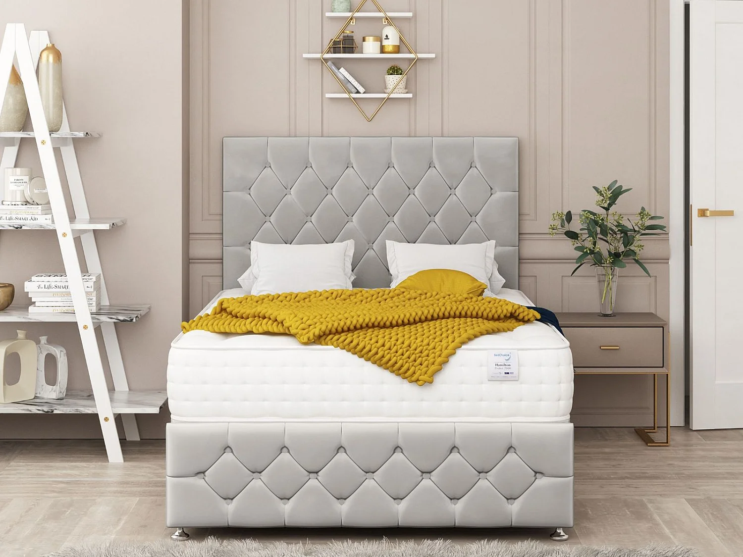 Regency Upholstered Divan Bed With 2 drawers, Mattress & 54" Floor Standing Headboard (Silver) - 135 x 190 cm