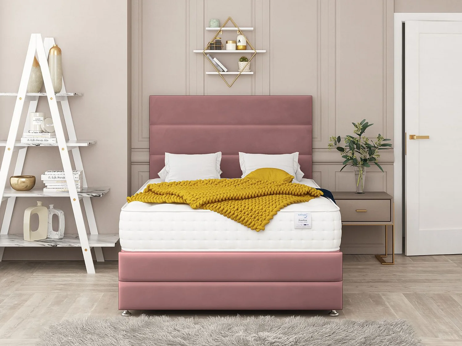 Valencia Upholstered Divan Bed With 2 drawers, Mattress & 26" Headboard (Pink) - 135 x 200 cm