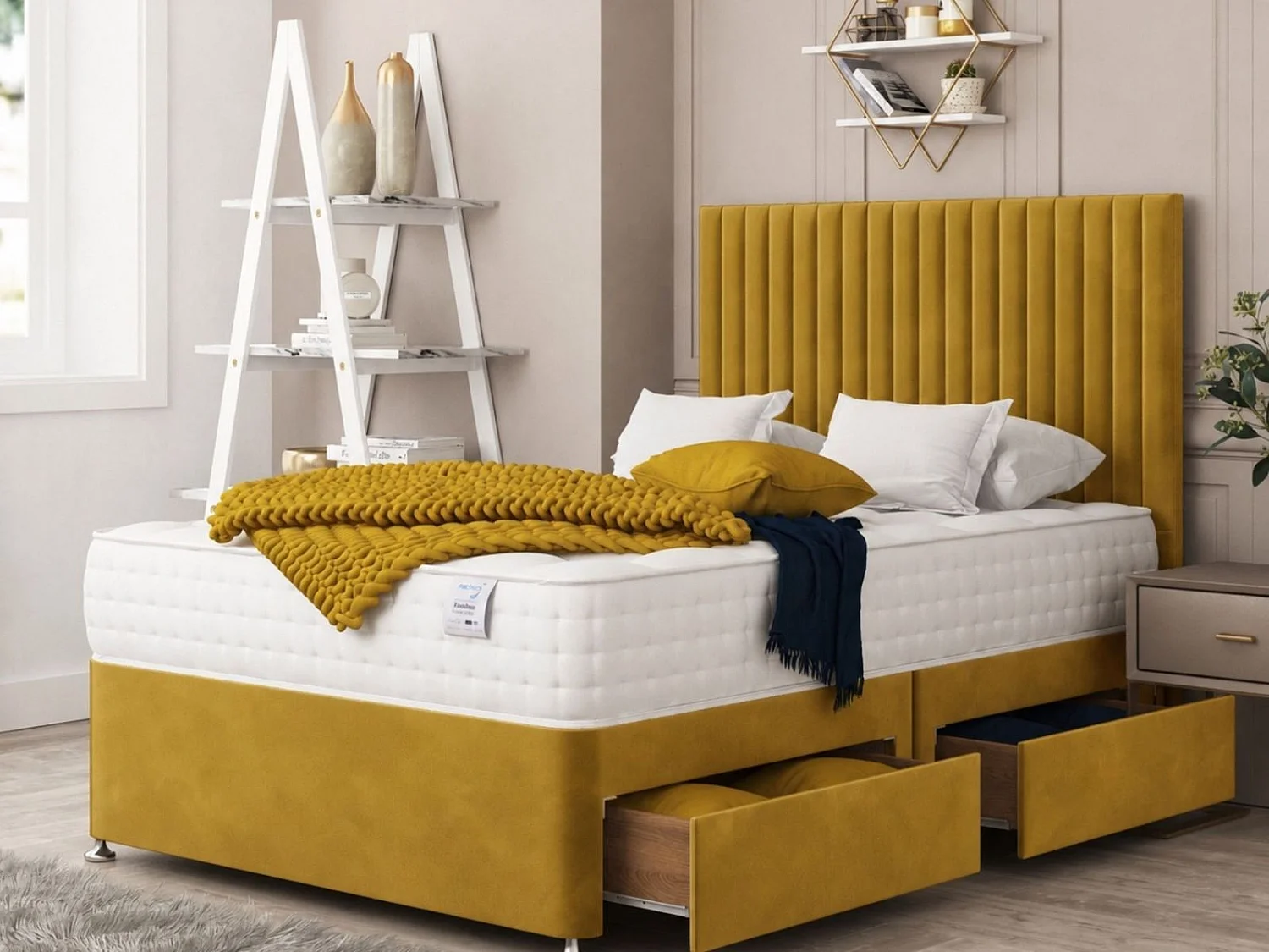 Manhattan Divan Bed With 2 drawers & 26" Headboard (Mustard) - 120 x 190 cm