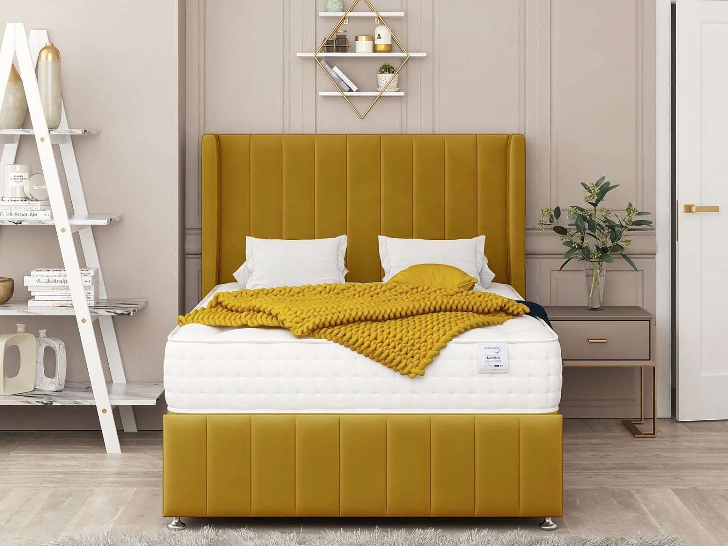 Brisbane Upholstered Divan Bed 2 drawers, Mattress & 54" Headboard (Mustard) - 135 x 200 cm