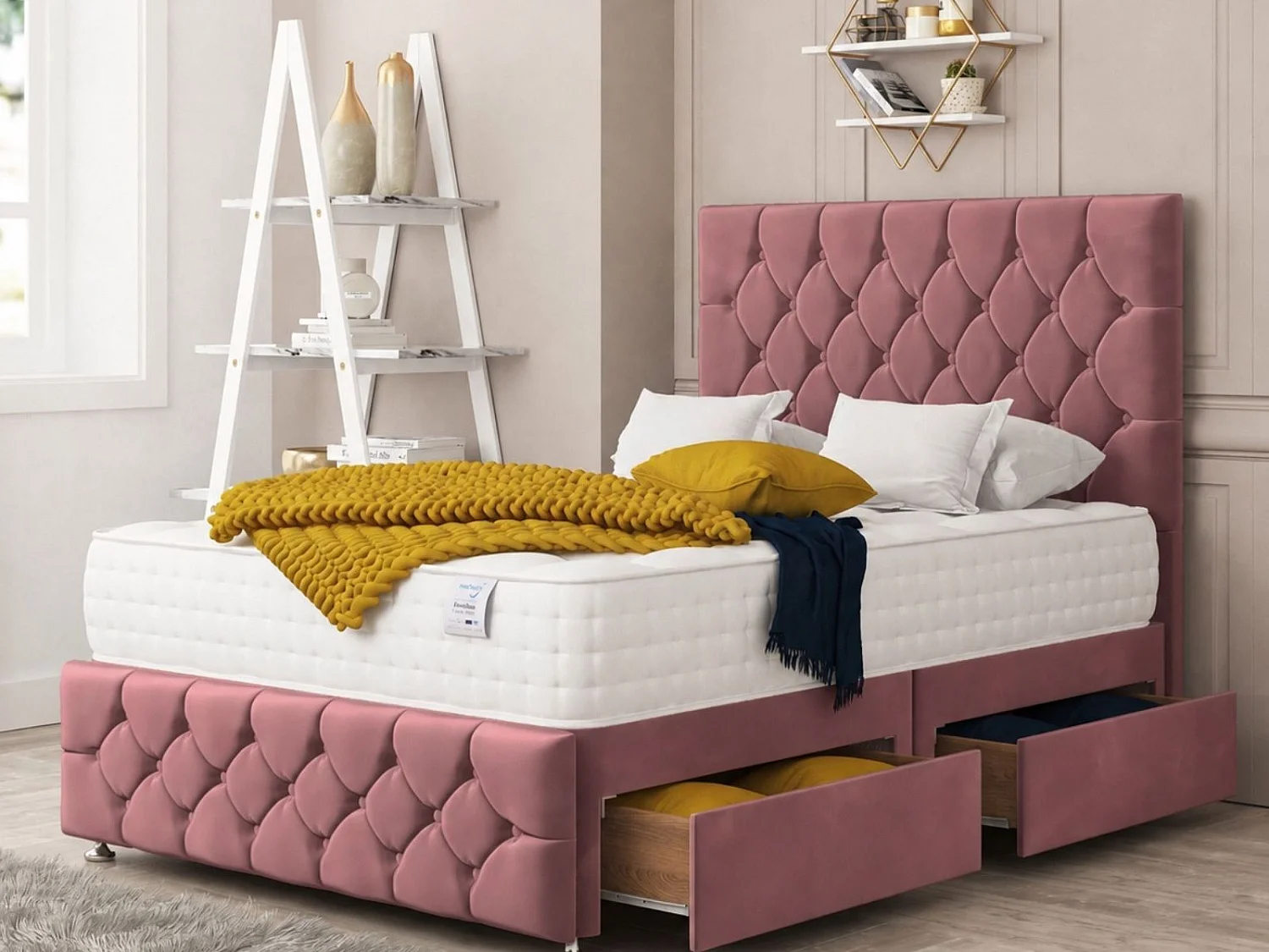 Regency Upholstered Divan Bed With 2 drawers, Mattress & 54" Floor Standing Headboard (Pink) - 135 x 200 cm