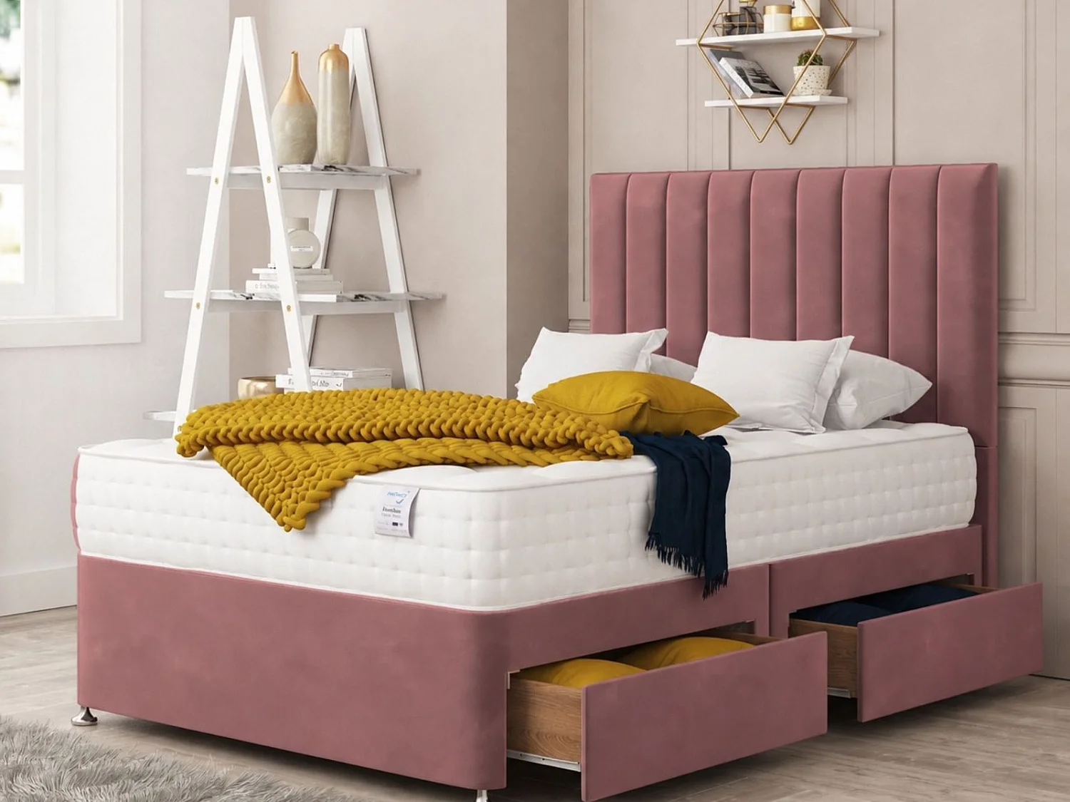 Alaska Upholstered Divan Bed With 2 drawers & 26" Headboard (Pink) - 135 x 190 cm