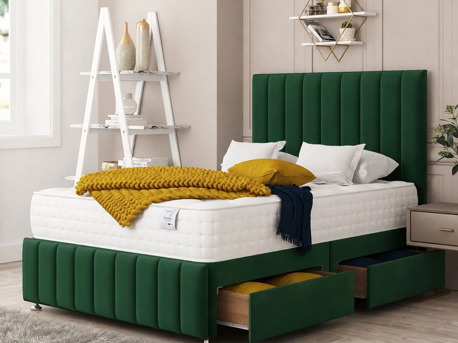 Moscow Divan Bed 4 drawers, Mattress & 54" Floor Standing Headboard (Green) - 120 x 190 cm