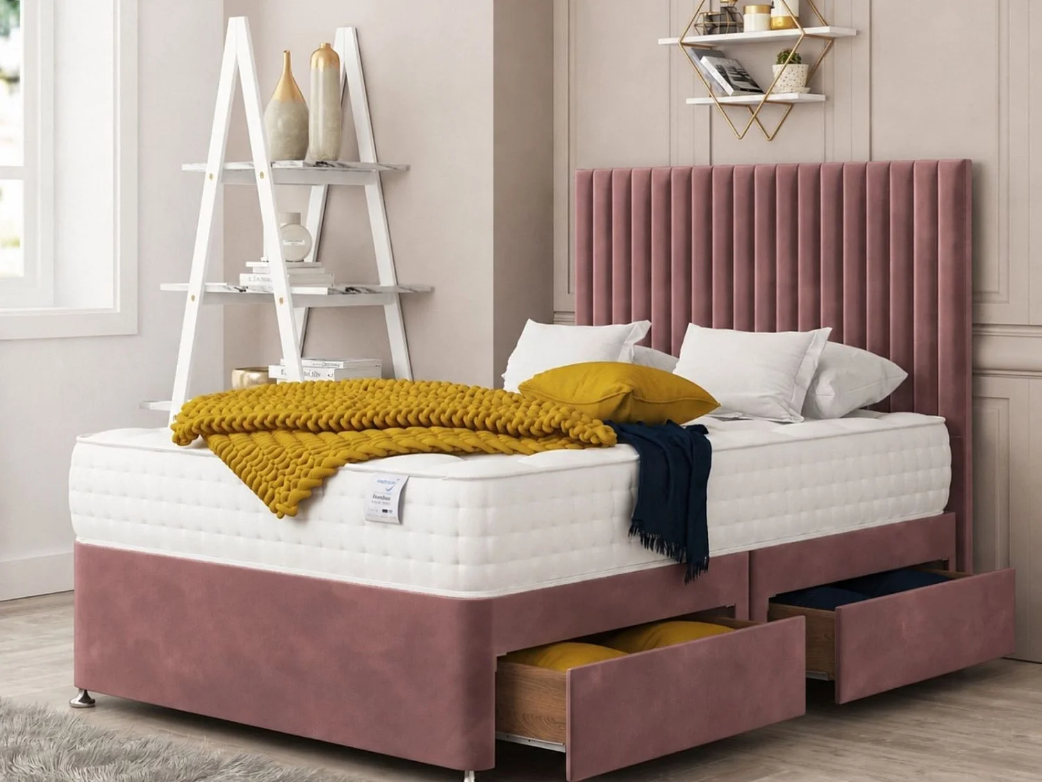 Manhattan Divan Bed With 2 drawers & 26" Headboard (Pink) - 120 x 190 cm