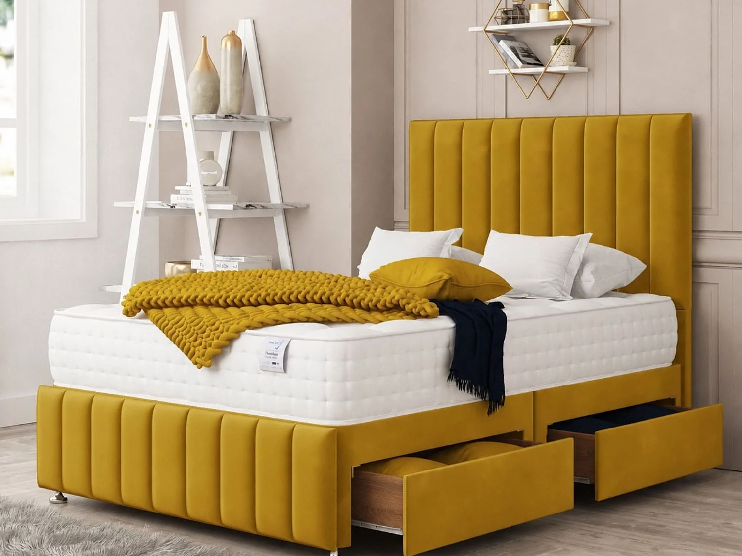 Moscow Divan Bed 4 drawers, Mattress & 54" Floor Standing Headboard (Mustard) - 120 x 190 cm