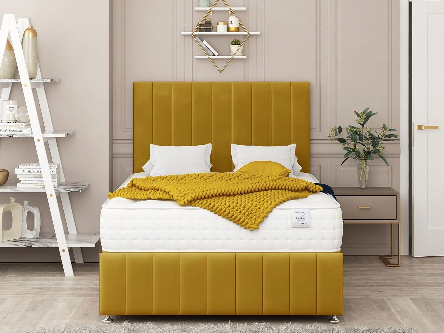 Moscow Divan Bed 4 drawers, Mattress & 54" Floor Standing Headboard (Mustard) - 120 x 190 cm