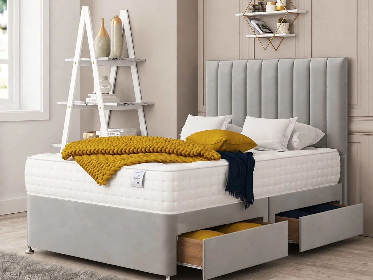 Alaska Upholstered Divan Bed With 2 drawers & 26" Headboard (Silver) - 180 x 200 cm